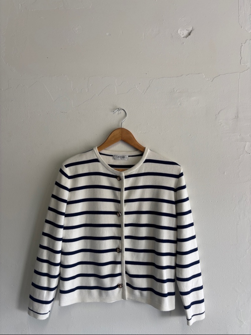 Latahuo Navy & White Breton Striped Button long sleeve Cardigan M